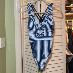 Striped Criss-cross Ruffle One Piece Swimsuit